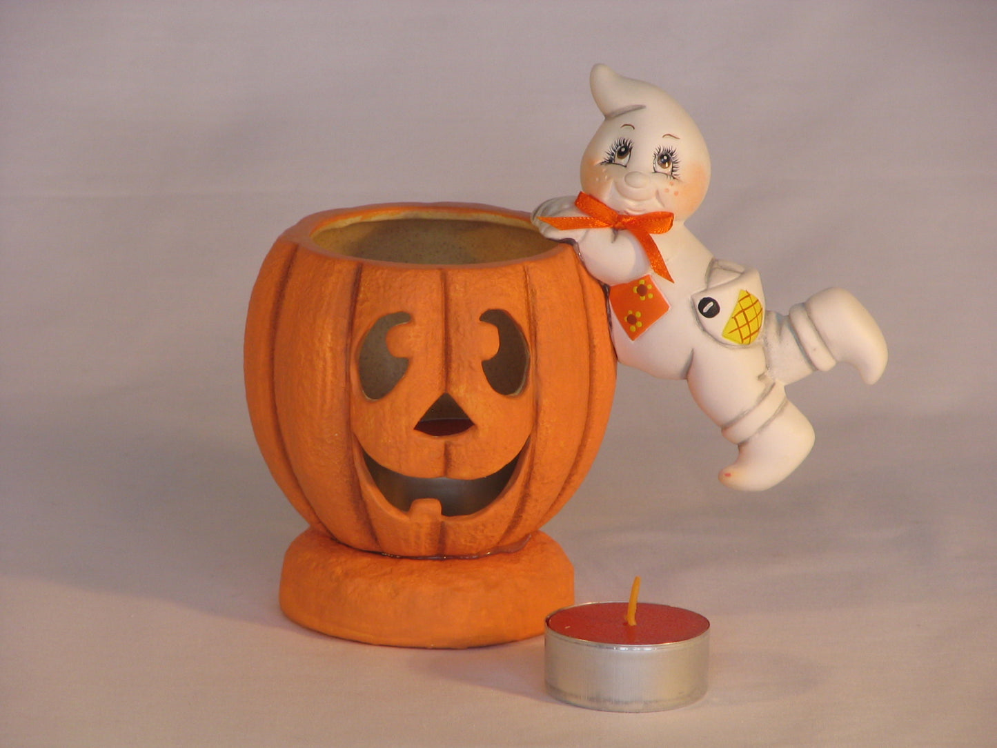 Pumpkin Candle Cup with Ghost on Side